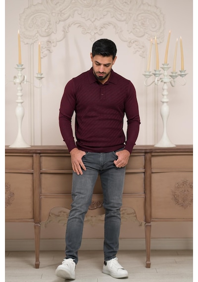 Woolen World Polo Yaka Slimfit Desenli Yünlü Erkek Triko Kazak Bordo