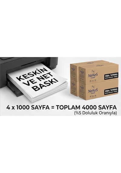Nekes Hp Laser 107a/107w/107r Siyah Muadil Toner Çipli - Tak Çalıştır 4 Adet Ekonomik Paket / 106a W1106a