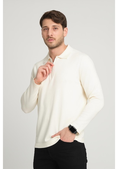 Alexandergardi Alexandergardı Fermuarlı Polo Yaka Kazak E23-6702 Ekru