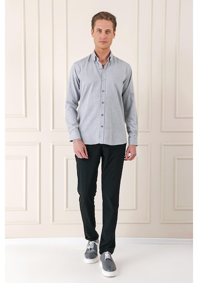 Efor Slim Fit Düğmeli Yaka Dokulu %100 Pamuk Klasik Açık Gri Gömlek Gk 724 Gri