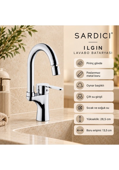 Sardıcı Ilgın Oynar Başlıklı Lavabo Bataryası Krom Pirinç Gövde Çift Su Girişli