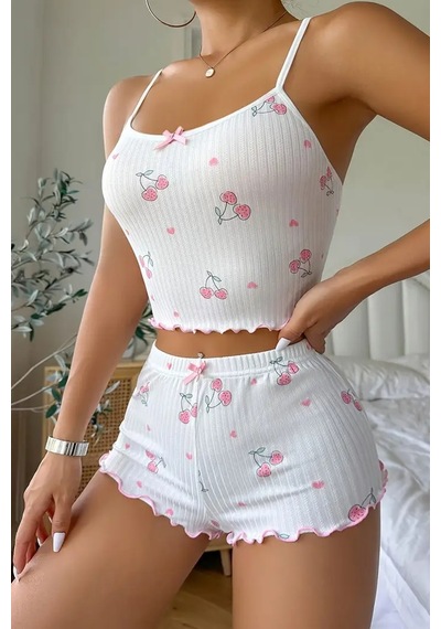 Merry See Kiraz Baskılı Askılı Şortlu Pijama Takımı Beyaz