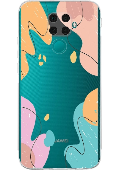 Huawei Mate 30 Lite Uyumlu Kamera Korumalı Karışık Renkler Tasarımlı Şeffaf Kılıf Şeffaf
