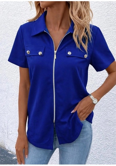 DefyModa Kadın Kısa Kollu Ceket Yaka Önü Fermuarlı Cep Detay Kısa Kol Ithal Krep Bluz Saks Mavi DefyModa Kadın Kısa Kollu Ceket Yaka Önü Fermuarlı Cep Detay Kısa Kol Ithal Krep Bluz Saks Mavi