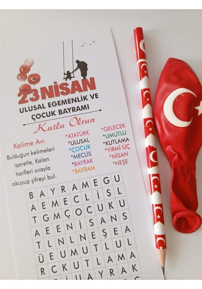 Farklı Market 23 Nisan Kelime Avı Türk Bayraklı Balon Ve Kalem 25 Adet Çok Renkli