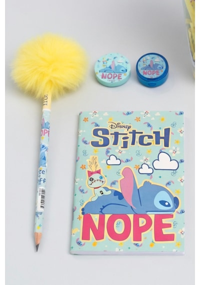 X Dekomus Lisanslı Stitch Aloha Dream Cup 5 Parça Kırtasiye Seti Sticker, Tüylü Kalem "dekomus Cep Defteri Hediyeli" Altın