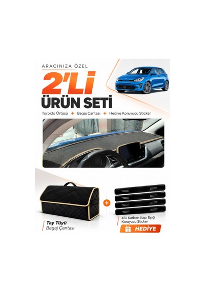 E-biz Kia Rio 2019-2024 Uyumlu Torpido Örtüsü + Tay Tüyü Bagaj Çantası Seti - Siyah-bej - Kı014