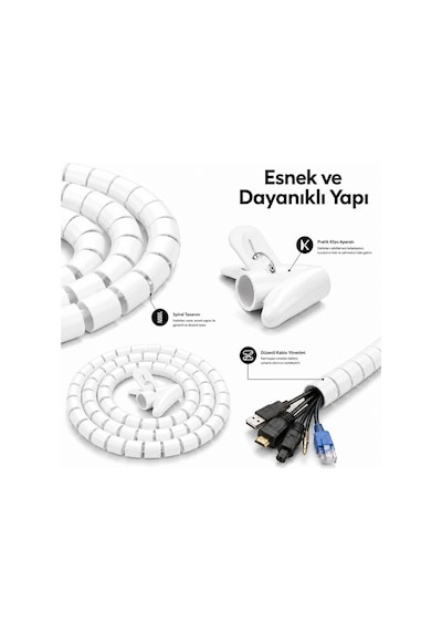 20 Mm X 1.5 Metre Spiral Kablo Düzenleyici Kablo Toplayıcı Beyaz