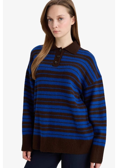 Defacto Loose Fit Polo Yaka Çizgili Triko Kazak Tunik G7240ax25cwbn468 Kahve-bn468