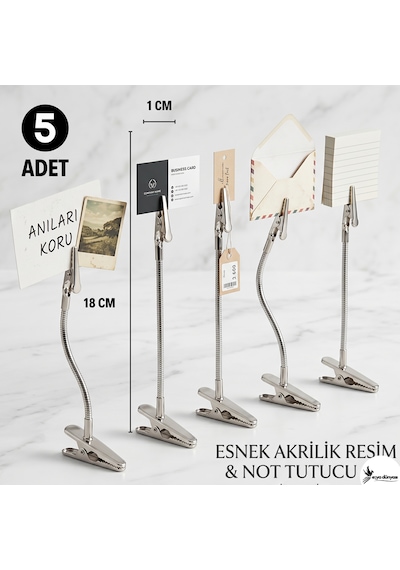 Esnek Gövdeli Çift Taraflı Timsah Klips - Bobin Tutucu, Masaüstü Not Ve Fotoğraf Sabitleyici Paslanmaz Çelik Aparat 5 Adet