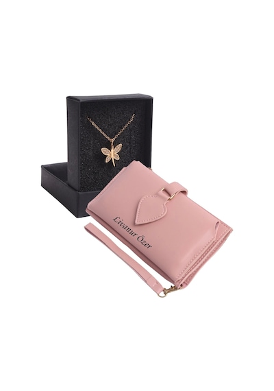 Ozka Leather Collection Kişiye Özel Pudra Renk Maça Model Cüzdan & Yusufçuk Kolye Set - Anahtarlık Hediyeli