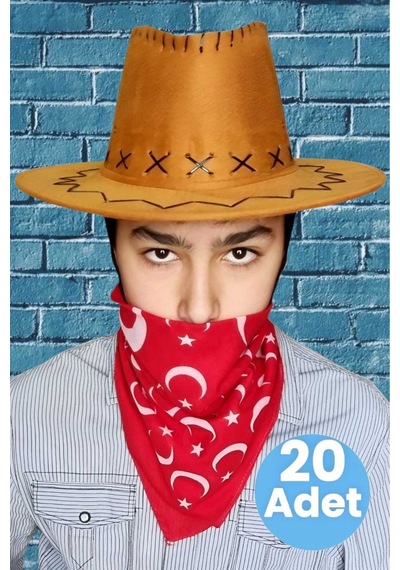 Uniquetrenders Çocuk Unisex Bandanalı 20'li Nubuk Kovboy Şapkası 8-14 Yaş Taba 4