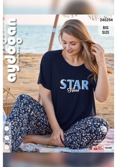 Aydoğan Kadın İnci Büyük Beden Kısa Kol Lacivert Pijama Takım 0254 Lacivert