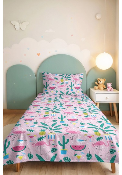 Evimde Bambaşka Flamingo Tropikal Pembe Kız Çocuk Pike Takımı-kaktüs Ananas Mint Bebek Odası Yatak Örtüsü 160x220  CM