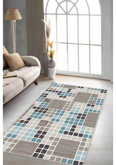 Turkuaz Geometrik Kaymaz Tabanlı Dekoratif Halı Puz04n11