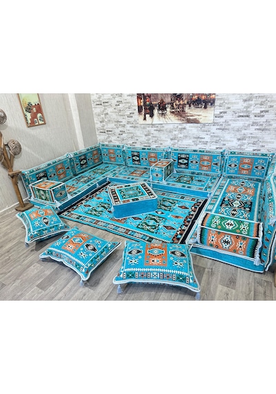 Coton Şark Köşesi Milas Desenli Minder, Kilim, Orta Puf Turkuaz