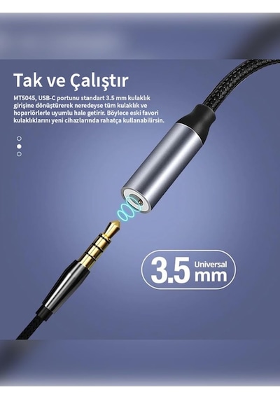 Tr Type-c To 3.5mm Aux Adaptör Dac Çipli Dayanıklı Örgü Kablo Ses Dönüştürücü Mt5045 İle Uyumlu