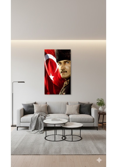 Gazi Mustafa Kemal Atatürk Portresi Türk Bayrağı Temalı Cam Tablo