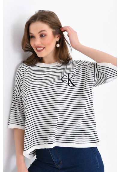 Park Karon Kadın Bisiklet Yaka Çizgili Oversize Triko Kazak 10160 Kemik