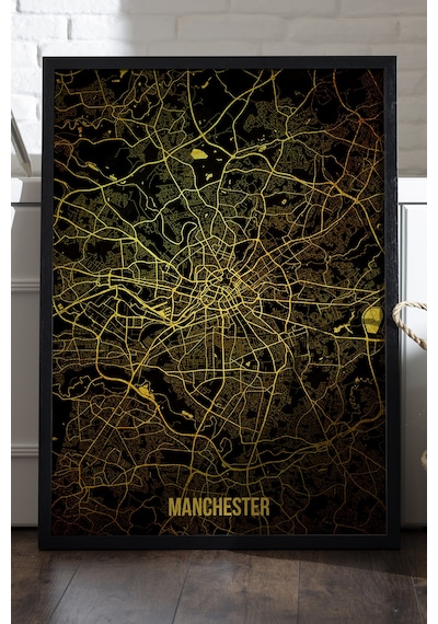 Manchester Şehir Haritası Siyah Ahşap Çerçeveli Poster, Dekoratif Harita Duvar Tablosu
