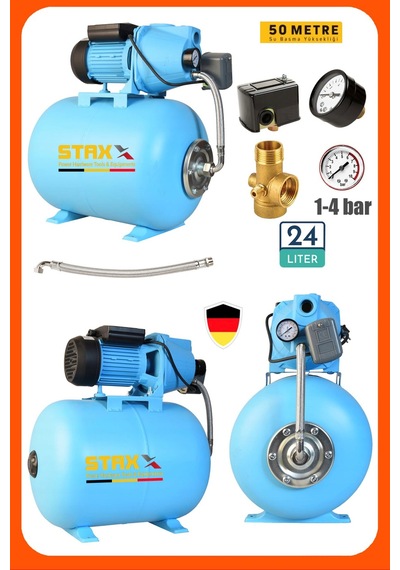 Staxx Stx1590 Yüksek Basınçlı 1.5 Hp Jet Su Pompası 24 Litre Yatay Küre Tanklı Otomatik Hidroforset
