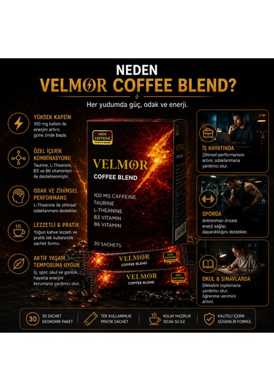 Velmor Coffee Blend Yüksek Kafeinli Kahve Karışımı Taurine, L-theanine Ve Vitamin Destekli 30 Sachet Granül