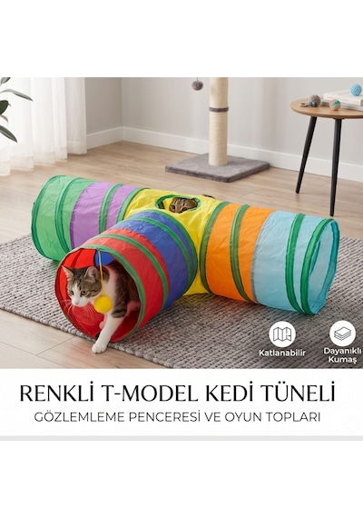 T-model Kedi Oyun Tüneli 3 Yollu Katlanabilir Pencereli Ponpon Oyuncaklı Kedi Tüneli 80x50 Cm