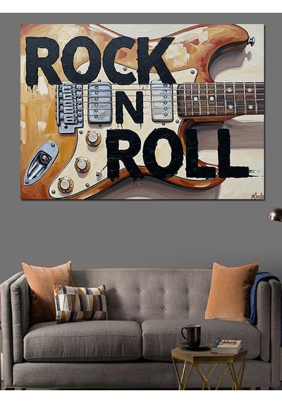 Rock And Roll Yazılı Elektrogitar İllüstrasyonu Dekoratif Kanvas - Mdf Ahşap Tablo