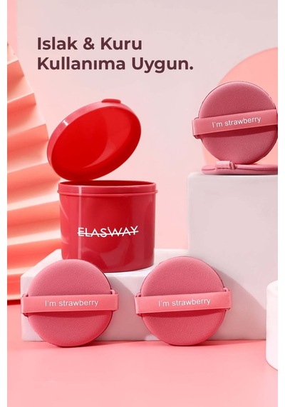 7 Li Yuvarlak Pudra Pufu Makyaj Süngeri Seti Islak/kuru Parmak Bantlı Kutulu Strawberry Pembe