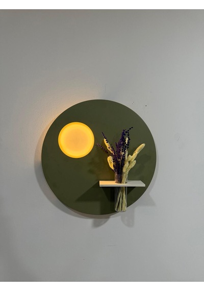 Sümbül 50 Cm Ahşap Pilli Ledli İskandinav Tarzı Duvar Rafı Modern Çiçeklik Haki