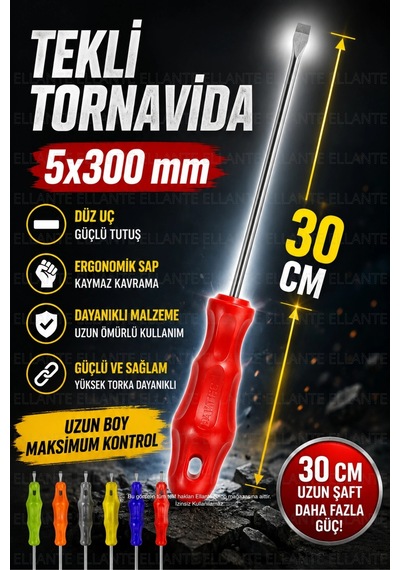 30 Cm Düz Tornavida 5x300 Mm Profesyonel Uzun Boy Ergonomik Sap