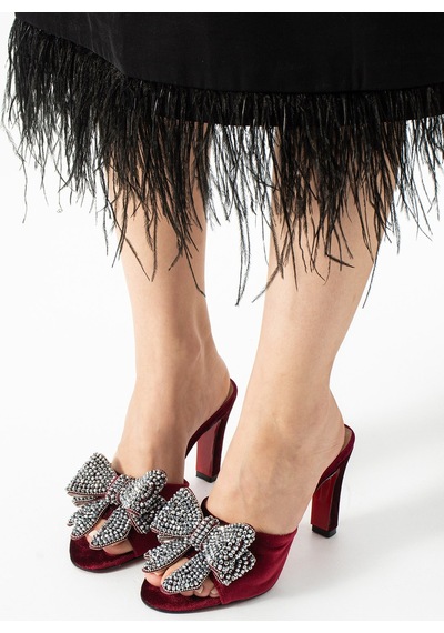 Lebibe Shoes Seravıa Kadın Bordo Kadife Taşlı Fiyonklu 9 Cm Topuklu Abiye Terlik