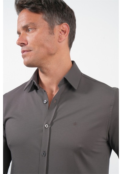 İmza Kahverengi Tulum Yaka Uzun Kol Cepsiz Örme Slim Fit Pamuklu Gömlek 1004260208