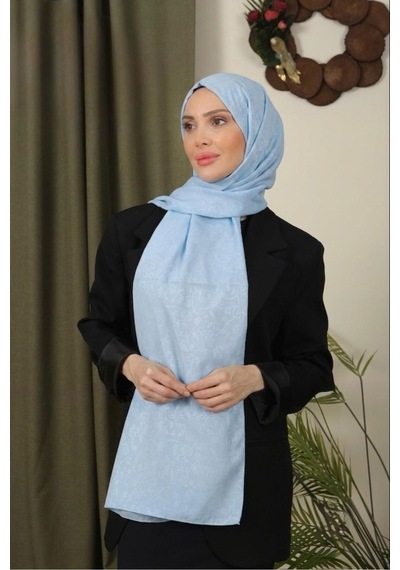 Flora Tekstil Çiçekli Desen İnce Medine İpeği Jakar Şal Bebek Mavisi