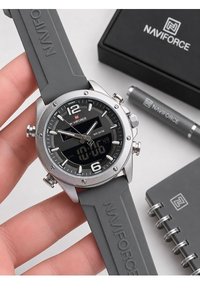 Naviforce Silokon Kordon Dijital & Analoğ Mekanizma Bileklik Hediyeli 3 Atm Erkek Kol Saati Nf9264.3 Gri