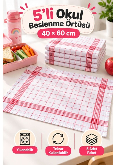 5'li Okul Beslenme Örtüsü Çizgili 40x60 Cm Yıkanabilir Kırmızı
