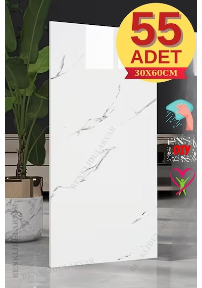 Cf-1035 10m2 55 Adet 30x60cm Yapışkanlı Mermer Desenli Karavan Banyo Wc Duvar Kaplama Paneli Beyaz
