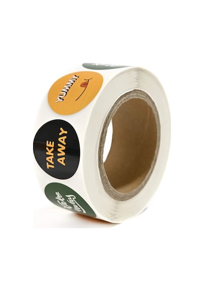 Yapışkanlı Pp Film Etiket 45 Mm Take Away Yeşil + Take Away Siyah + Yummy Turuncu Desenli 1000'li