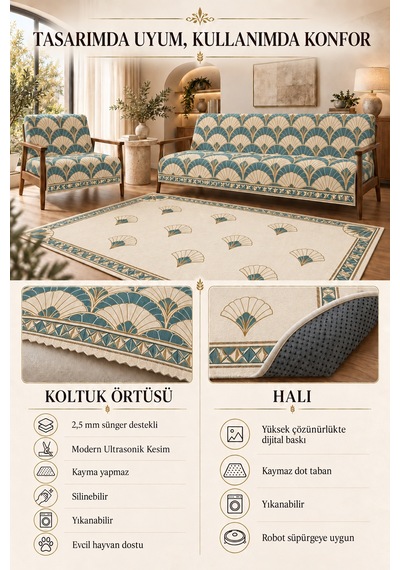 3 Lü Set 2 Adet 165x215 Cm Koltuk Örtüsü + 1 Adet 6m2 180x280 Cm Kaymaz Taban Dijital Baskılı Halı Turkuaz