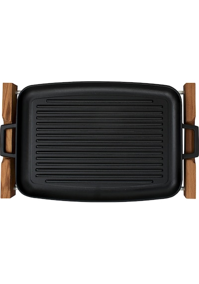 Lava Döküm Grill Tepsi. Izgara Yüzeyli. Metal Kulplu. Ahşap Stand