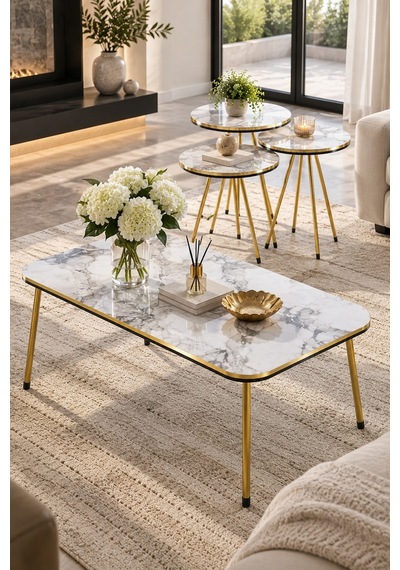 Sulorahome Beyaz Mermer Desenli Ve Gold Metal Ayaklı 4'lü Sehpa Seti