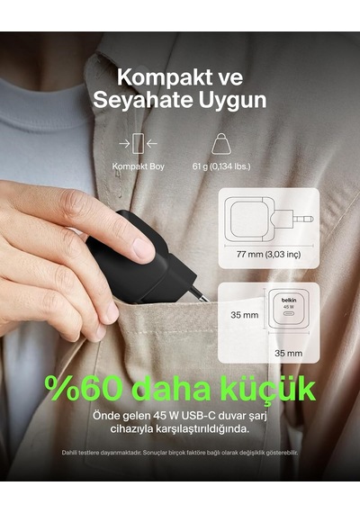 Belkin Kompakt Duvar Şarj Cihazı 45 W, Apple Uyumlu iPhone 16, 16 Plus,
