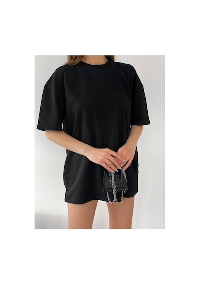 Jakarlı Unisex Siyah Spor Bisiklet Yaka Pamuk Oversize Boyfriend T-shirt Siyah