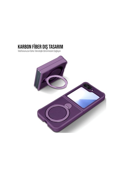 Samsung Galaxy Z Flip 6 Uyumlu Magsafe Manyetik Halkalı Kılıf 360 Döner Yüzük Standlı, Karbon Fiber Desenli, Kamera Korumalı, Darbelere Ve Çizilmelere Dayanıklı Kapak Mor Samsung Galaxy Z Flip 6 Uyumlu Magsafe Manyetik Halkalı Kılıf 360 Döner Yüzük Standlı, Karbon Fiber Desenli, Kamera Korumalı, Darbelere Ve Çizilmelere Dayanıklı Kapak Mor