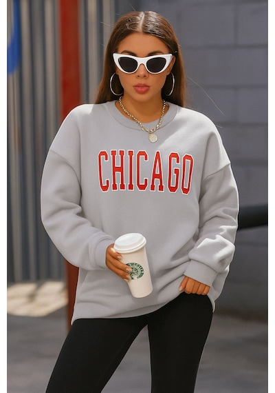 Benroma 3 İplik Penye Chıcago Baskılı Unisex Sweatshırt Gri