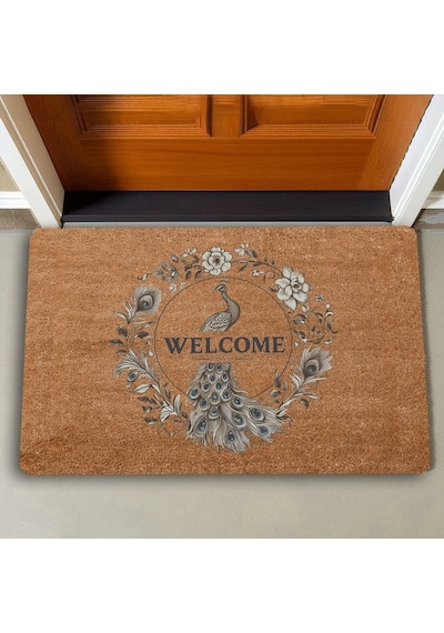 Valerine Life Tavus Kuşu Ve Tüyleri Welcome Kapı Önü Paspası 45x70cm