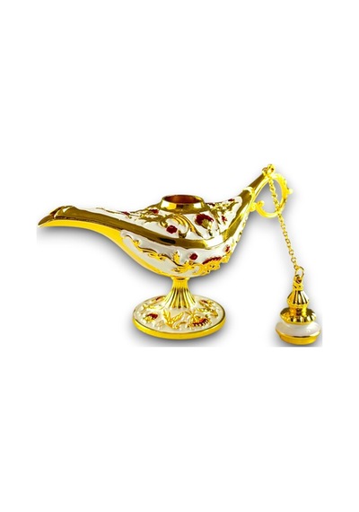 Aladdin Sihirli Lambası Renkli İşlemeli Dekoratif Biblo Alaattin Metal Çelik No:2 - 13x9 CM