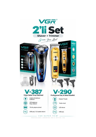 Tıraş Makinesi V-290 & V-387 - 2'li Berber Seti Turbo T-bıçak Trimmer Çift Folyo Shaver