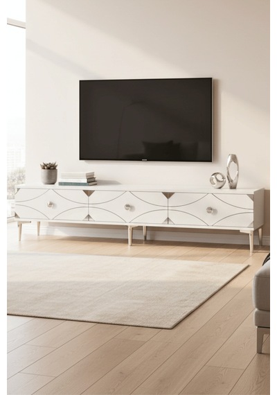 Tsa1897bs - Alfa Tsa180 Tv Stand, Tv Sehpası Ve Tv Ünitesi Beyaz - Sılver 180cm