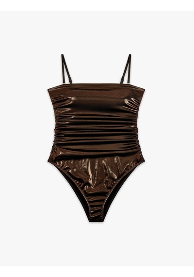 Koton Çıkarılabilir Askılı Drapeli Varak Baskılı Parlak Straplez Mayo Bronz 6sak20076mm Çok Renkli